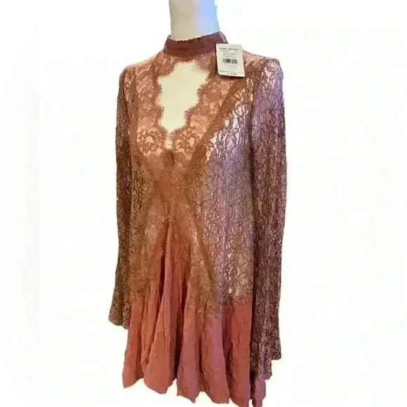 FREE PEOPLE Secret Origins Lace Tunic Dusty Mauve Size Small New With Tags - Picture 4 of 10